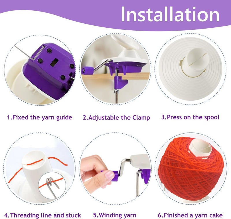 RRigo Yarn Ball Winder, Hand Purple Ball Winders for Yarn, Yarn Winder with Easy Installation for Yarn Storage +2PCS Adjustable Knitting Loop Crochet+10 PCS Stitch Knitting Needles +10 PCS Plastic Needles - Image 3